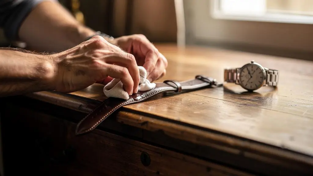 Des mains appliquent une crème d'entretien sur un bracelet de montre en cuir brun à l'aide d'un chiffon doux.