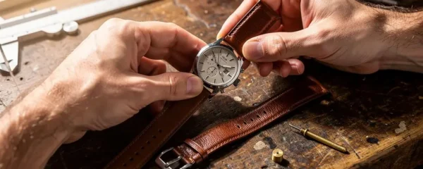 Un homme positionne un bracelet de montre en cuir marron sur le boîtier d'une montre posée sur un établi en bois.