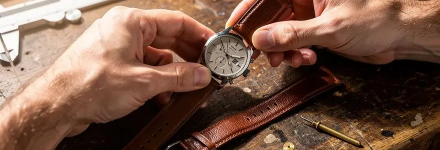 Un homme positionne un bracelet de montre en cuir marron sur le boîtier d'une montre posée sur un établi en bois.